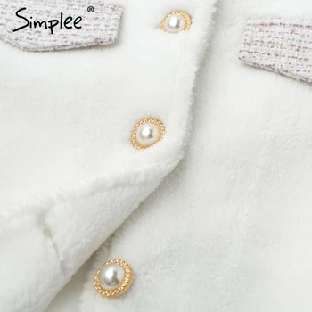 Simplee Elegantna gumbov biser, specializiranimi za umetno krzno plašč ženske Mozaik tweed žepi jeseni, pozimi toplo coats Sladko ženske kratke bele jakne