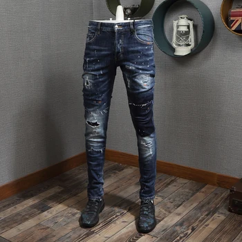 Moda Ulične Moške Jeans Visoke Kakovosti Retro Modra Slim Fit Ripped Kavbojke Moški Barve Oblikovalec Traper Hlače Hip Hop Kavbojke Homme