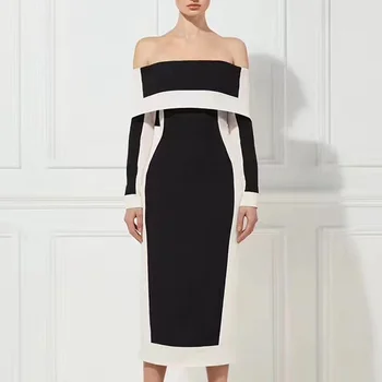 Vroče Prodajo Izven Ramenski Colorblock Midi Ženske Obleke Vestidos Dolg Rokav Nazaj Režejo Bardot Elegantno Črno Femme Obleko