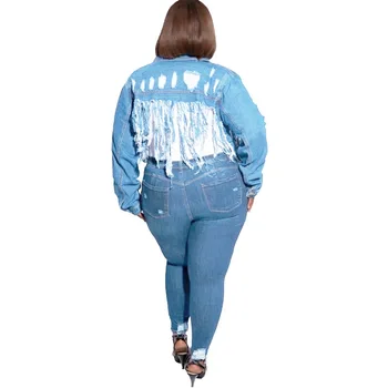 Plus Velikost 5XL 2020 Jeseni Raztrgala Luknje Backless Obrezana Denim Jakna Streerwear Ženske Tassel Jeans Jakno Suknji