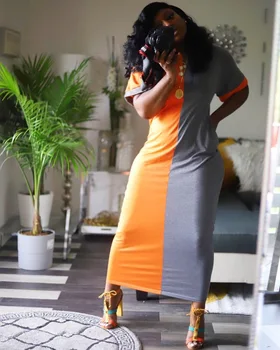 Afriške Colorblock Dolgo Obleko Poletje Ženske okoli Vratu, Ohlapno Priložnostne Dressdes Modni Salon Nositi modnih Oblačil, ulične