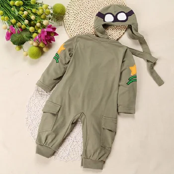 Malčka Fant Je Pilot Dolgimi Rokavi Jumpsuit Hooded Zelena Bombaž Romper Newborn Baby Kostumi Za Dojenčke