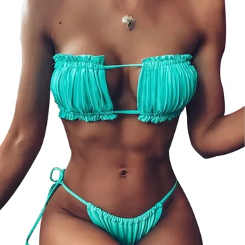 Ženske 2pcs Seksi Bikini Komplet Žice-Brezplačno Votle Prsi Modrc Trikotnik Trakov Hlačne Plavanje Obleko