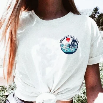 PUDO-XSX Japonski Val Žep Ženske Domačini Zlati Obali Pocket T-Shirt Tiskanje Poletje Retro Slogu Srčkan Priložnostno Bela Tee