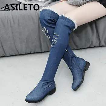 ASILETO ženske ravno pete, čevlji blue jeans škorenjčki zahodni kavboj zdrobljen denim stegno visoki škornji botas zapatos chaussure S975