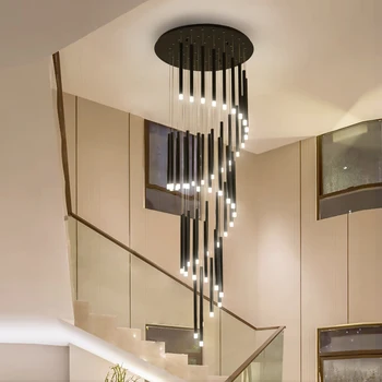 Sodobna preprosto Črno LED spirala velik Lestenec, svetlobne cevi, iz Železa Stopnišče Dekor Lestenci Nordijska zaprtih Viseče luči
