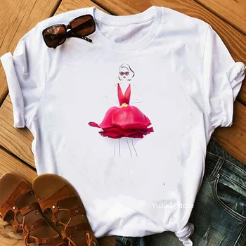 Ženske obleke 2020 moda cvet obleka ilustracije tshirt vrh ženski modi t shirt novost tee smešno tshirt 90. letih srčkan t-shirt
