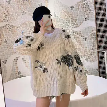 Vzletno-Pristajalne Steze Vzročno Pleteni Pulover 2020 Jeseni, Pozimi Luč Rokav O-Neck Ženske Pulover Potegnite Femme Tiste Rože Korejski Oblačila