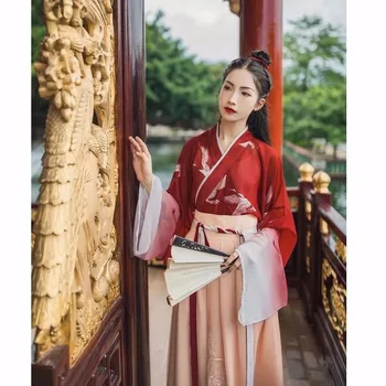 Vintage hanfu poletne obleke, kompleti ženske obleke gradient maxi obleko študentov sladko obleke Kostum Kitajski slog ohlapno obleko+krilo