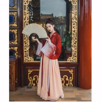Vintage hanfu poletne obleke, kompleti ženske obleke gradient maxi obleko študentov sladko obleke Kostum Kitajski slog ohlapno obleko+krilo
