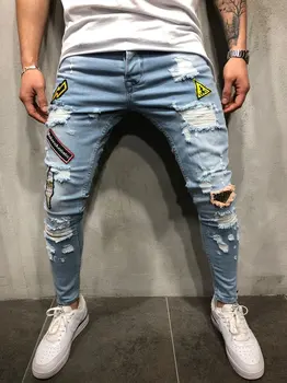 2019 novih Moških Raztrgala Stiski Slim Fit Elastična Stretch Obliži Moški ulične hiphop Luknjo Traper Hlače Biker jeans hlače