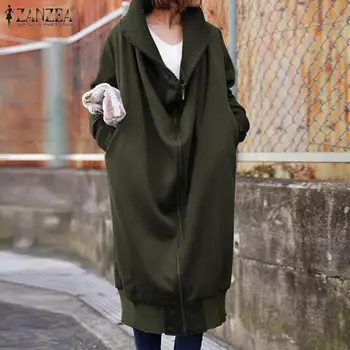 ZANZEA Moda za Ženske Jeseni Majica Coats Pozimi Dolg Rokav Jakne Priložnostne Zadrgo Do Trdne Svoboden Hooded Outwear Plus Velikost