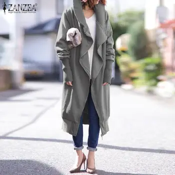 ZANZEA Moda za Ženske Jeseni Majica Coats Pozimi Dolg Rokav Jakne Priložnostne Zadrgo Do Trdne Svoboden Hooded Outwear Plus Velikost