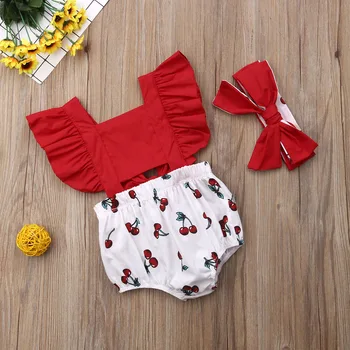 2019 Novo 2Pcs Baby Dekle Ruffle Češnja Mozaik Romper Glavo Sunsuit Obleke Poletje Novorojenčka Otroci Oblačila, ki