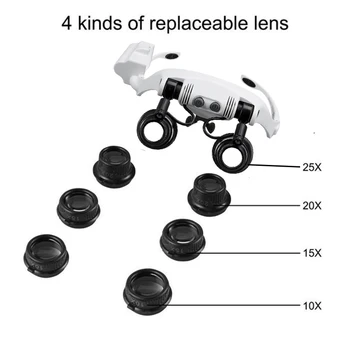 Učinkovito Glavo LED Luči Očala Povečevalna 10X 15X 20X 25X Watchmaker Nakit Optične Leče Steklene Lupo Loupe z 8 Objektiv
