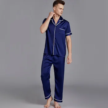Pižame, Moške Sleepwear svile rajon Moške More Kratek Rokav Spanja Salon Casual Moški Nightgown Mehko Pyjama Set