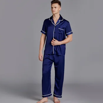 Pižame, Moške Sleepwear svile rajon Moške More Kratek Rokav Spanja Salon Casual Moški Nightgown Mehko Pyjama Set