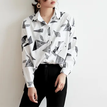 Pomlad Geometrijske Tiskanja Šifon Ženske Bluze Vrhovi En Žep Ohlapno Črno Bluzo Shirt Ženski Priložnostne Majice 2019 blusas mujer