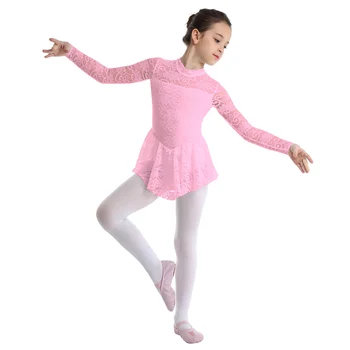 Otroci Slika Drsanje Obleko Dekleta balet Obleko z Dolgimi Rokavi Izruga Vratu Cvetlični Čipke Balet Leotard Obleko Otroci Balet Plesna Obleka