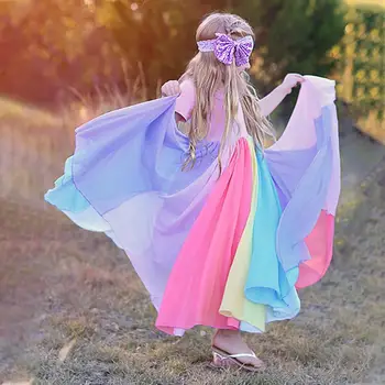 Poletje Dekleta Kratek Rokav Obleka 2020 INS Dolgo Rainbow Barva za Šivanje Obleke za Otroke, otroška Oblačila, Obleko Za Dekle 2-8 Y