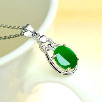 Priljubljena 925 Srebro Ovalne Green Jade Ogrlico, Obesek Chalcedony Agate Čar Nakit Dodatki Modni Amulet za Ženske, Darila