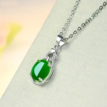Priljubljena 925 Srebro Ovalne Green Jade Ogrlico, Obesek Chalcedony Agate Čar Nakit Dodatki Modni Amulet za Ženske, Darila