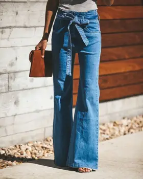 2020 Najnovejše Vroče Ženska Moda Visoko Pasu Denim Širok Noge, Dokolenke Hlače Jeans Dolge Signalne Bell Dnu Hlače Z Denim Pasu
