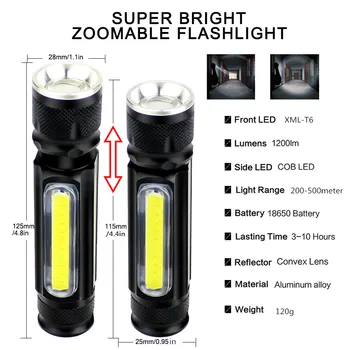 Multifunkcijski LED Svetilka USB Polnilne Baterije Močan T6 Baklo Strani COB Svetlobe Design Svetilka Rep Magnet Worklight