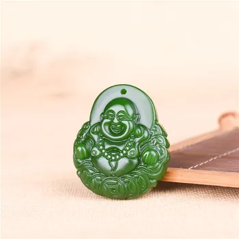 Naravni Green Jade Denar Buda Ogrlico, Obesek, Kitajski Vklesan Čar Nakit Dodatki Modni Amulet za Moške, Ženske, Darila