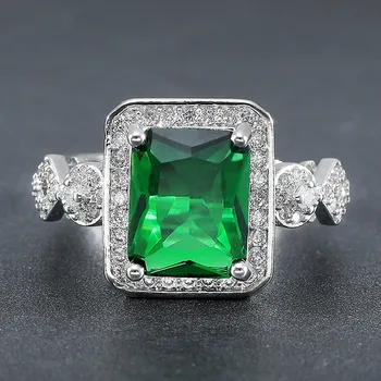 Moda kvadratnih zeleno kristalno smaragdno dragih kamnov diamanti obroči za ženske, bela, zlata, srebrna barva nakit bague moda stranka darilo