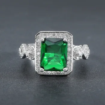 Moda kvadratnih zeleno kristalno smaragdno dragih kamnov diamanti obroči za ženske, bela, zlata, srebrna barva nakit bague moda stranka darilo