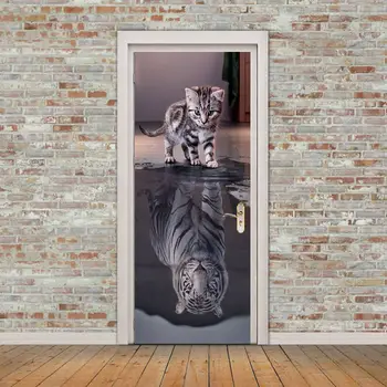 Platno 3d Tiskanja Ustvarjalne Mačka Tiger Sliko Nalepke Samolepilni Za Dnevna Soba Vrata Dekor Nepremočljiva Moralno Prenovo Decals