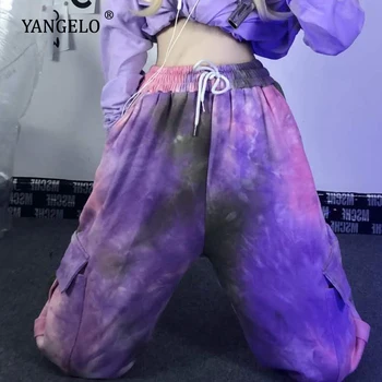 Yangelo Harajuku Tie-dye Hlače Ženske 2021 Jeseni, Pozimi Svoboden Priložnostne Vijolična Obleka Ženska Prevelik Ulične Mode Hlače