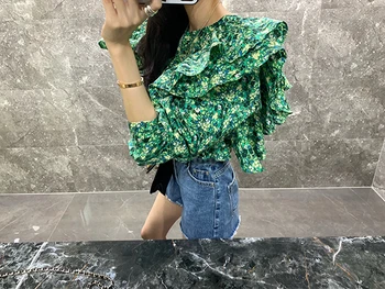 Sweet Modni Zeleni Šifon Majica Vrhovi Oblikovalec poletje Ženske Ruffles Dolg Rokav priložnostne Bluze Fmeale 2020 Nova