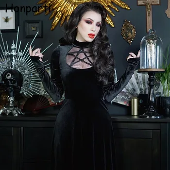 Vintage Seksi Dolgimi Rokavi Ženske Žamet Gothic Obleke Elegantno Črno Režejo Robom Midi Obleko Votlih Iz Draped Večerna Oblačila Oblačila