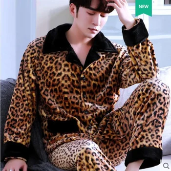 Zimske Moške Pyjama Nastavite Leopard Natisnjeni Dolg Rokav Zavoj navzdol Ovratnik Coral Runo Dva Kosa Pižamo Sleepwear bo Ustrezala Loungewear