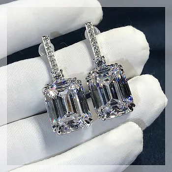 Luksuzni Emerald Cut 3ct Lab Diamond Visijo Uhan Pravi 925 Sterling srebrni Nakit Stranko Poroko Spusti Uhani za Ženske Poročne
