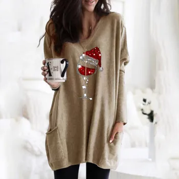 Ženska Tunika Božič Tiskanja Dolgo sleeved Majica Priložnostne Bluzo Letnik Jeseni Svoboden Bluzo Preveliko Majico Bluzo Femme