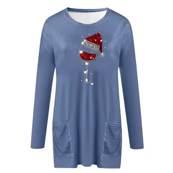 Ženska Tunika Božič Tiskanja Dolgo sleeved Majica Priložnostne Bluzo Letnik Jeseni Svoboden Bluzo Preveliko Majico Bluzo Femme