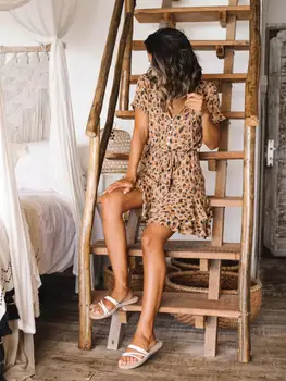 Bohemian Oblačenja Poletje 2020 Kratek Rokav Leopard Tiskanja Obleka Ženske Priložnostne Ruffle Sundress V Vratu Femme Haljo Plažo Femme Robe
