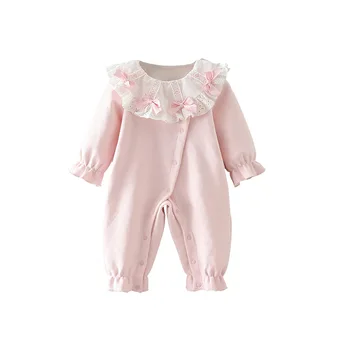 Baby Dekleta Romper Jeseni Čipke Debele Baby Princesa Romper Za Novorojenega Otroka stranka oblačila Baby jumpsuits roza z Lokom 0-2Y