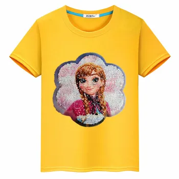 Nov slog princesa flip sequins poletje dekle bombaža T-shirt kratek rokav krog vratu otroci oblačila dekleta 8 do 12