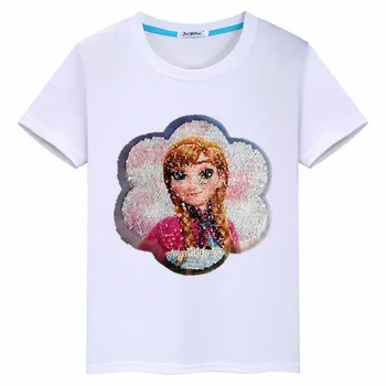 Nov slog princesa flip sequins poletje dekle bombaža T-shirt kratek rokav krog vratu otroci oblačila dekleta 8 do 12