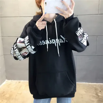 2020 Pozimi Hip Hop Ženske Pismo Tiskanja Priložnostne Runo Kapuco Debele Hooded Majica Iz Votlih Vrvico Dolg Rokav Outwear
