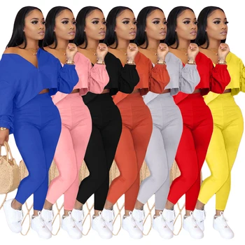 2020 Sodijo Oblačila Dve Delni Set Ženska Seksi Barva Dveh Kosov Set Dolg Rokav Obreži Zgoraj Hlače 2 Kos Obleke Tek