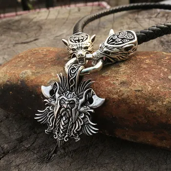 Moški ogrlica viking volk glavo z thor je kladivo mjolnir ogrlico, obesek norse talisman etnične nakit