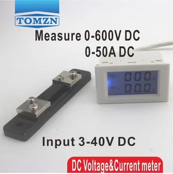 Dvojni zaslon LCD DC Napetost in tok, ki meter voltmeter ampermeter razpon DC 0-600V 0-50A Modra osvetlitev ozadja DC 3~40 Vhod Z vzporedni