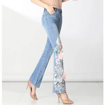 FERZIGE 3D Nalepko Luksuzni Beading Vezenje Hlače Ženske Modni Suh Stretch Visok Pas, Jeans, Ženski Modra Priložnostne Slim Fit Hlače
