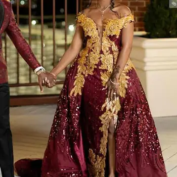 Split Strani Prom Obleke Off Ramenski Zlato Čipke Appliques Večjih Beading Sequins Sijoče Overskirt Večerno Obleko Afriške Plus Velikost