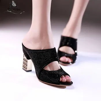 Sgesvier 2020 nove modne ženske mul čevlji debele visokih petah peep toe dame čevlji pu usnje poletje ženske sandale black iver